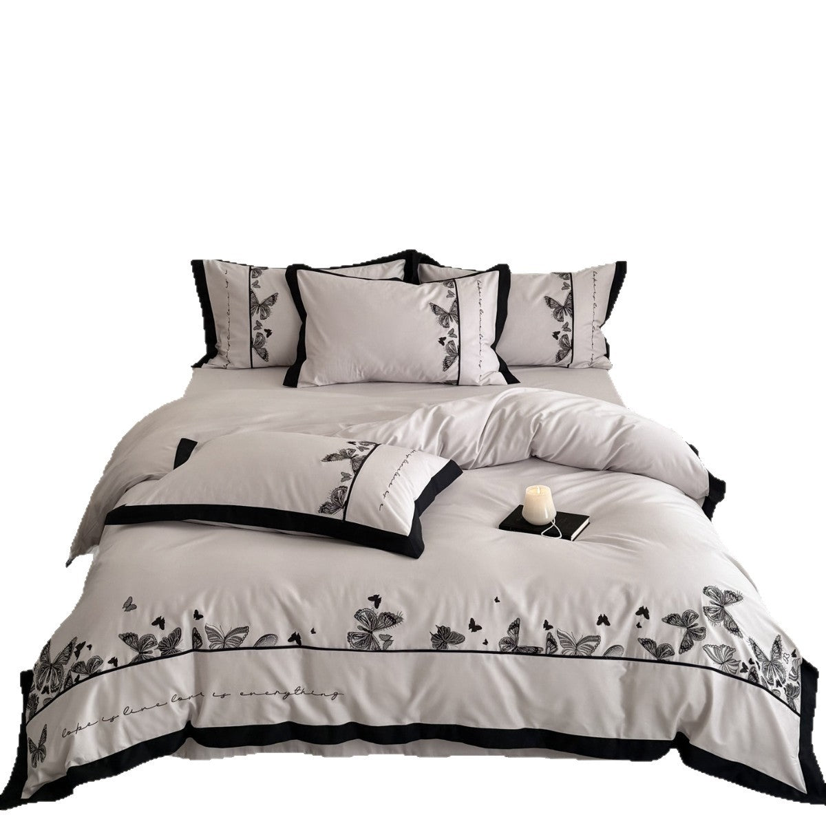 Botanische Schmetterling Bestickte Baumwollsatin Wendebettwäsche Set mit kontrastfarbigem Paspelrand und Euro-Kissenbezügen