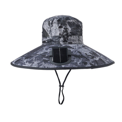 Breite-Krempe Outdoor Sonnenhut mit solarbetriebenem Mikroventilator, atmungsaktivem Mesh und verstellbarem Kinnriemen Brehn
