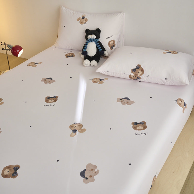 Spannbettlaken- und Kissenbezug-Set für Kinder aus weichem Baumwoll-Jersey mit Karomuster und Teddy-Print