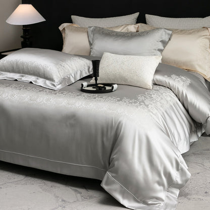 Seiden-Feel Jacquard Satin Bettbezug Set mit geprägt floralem Rand