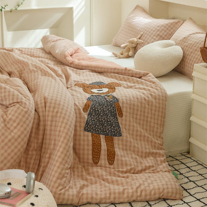 Kinder Stepp-Gingham Bettbezug Set mit Applikationsbär-Motiv