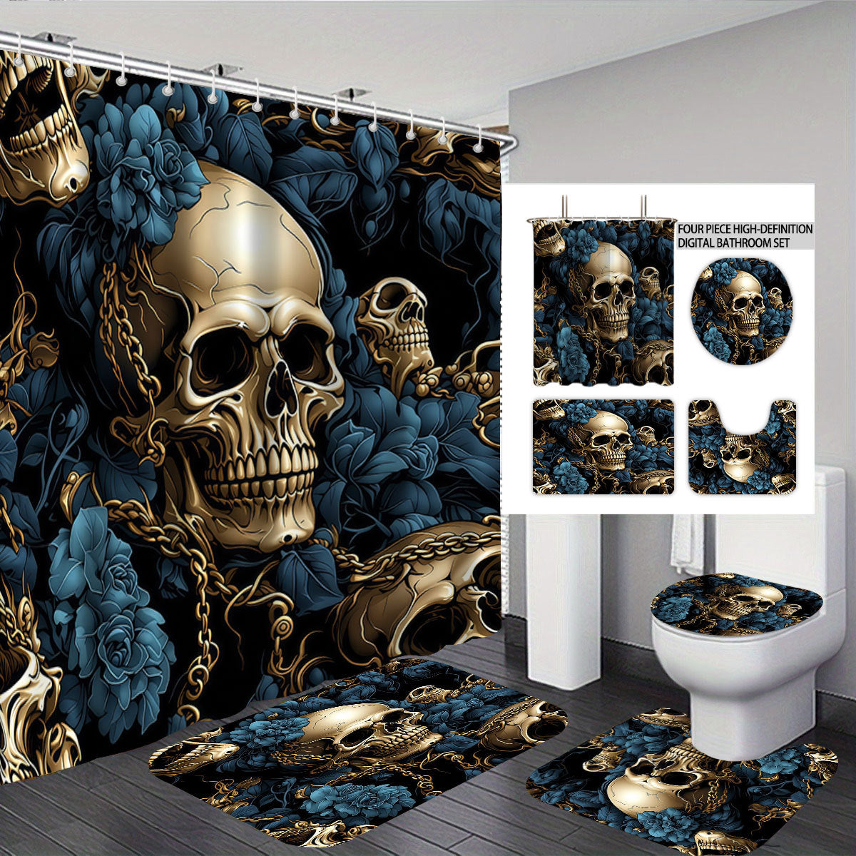 Künstlerisches Skull- und Blumenmotiv Badezimmer-Set Brehn
