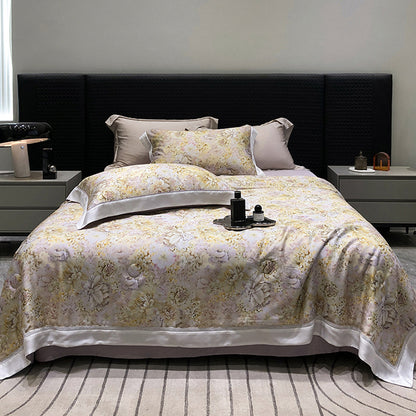 Luxuriöses Baumwollsatin-Bettwäsche-Set mit floralem Aquarellprint und feiner Satinkante