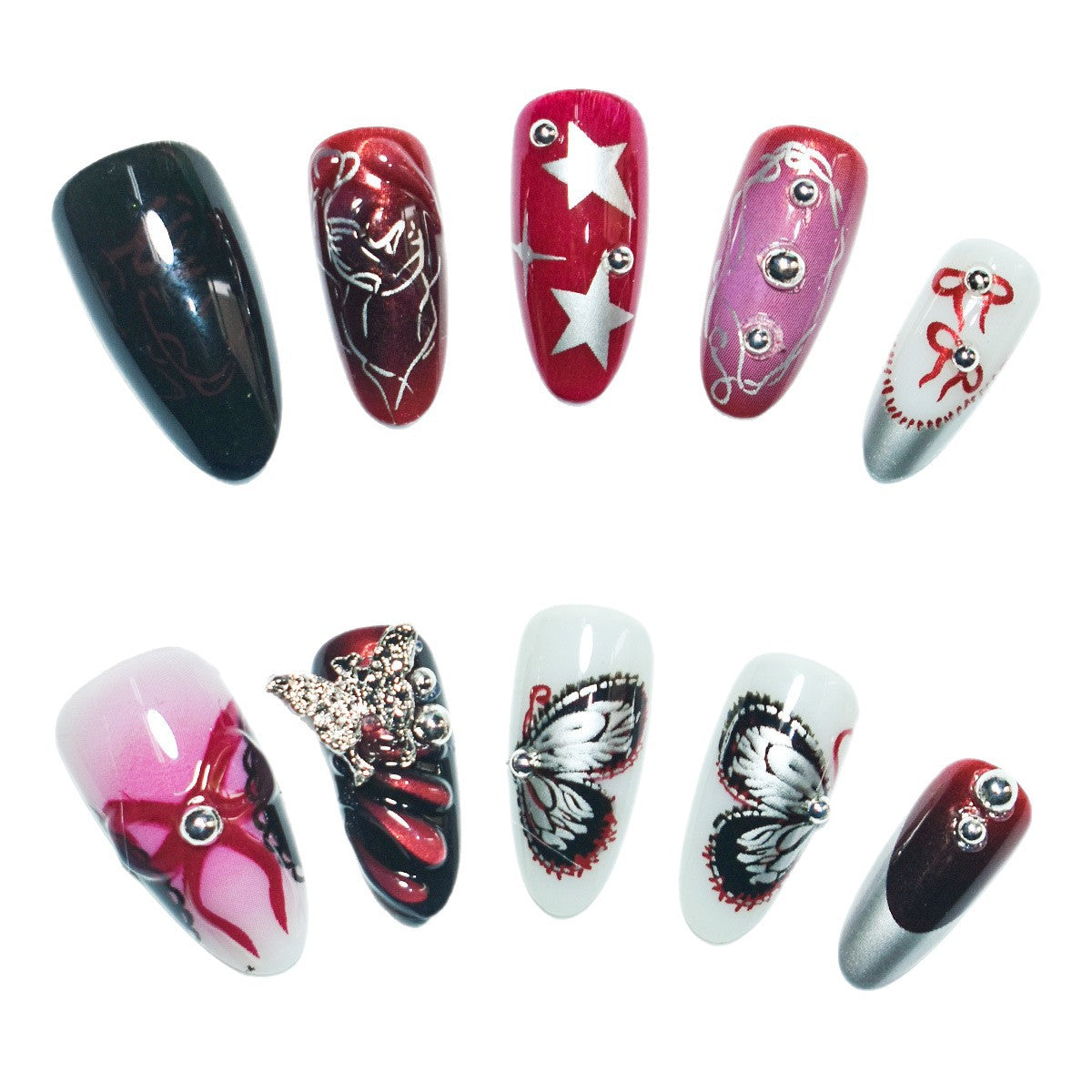 Künstlerisches Press-On Nagelset mit Schmetterlings- und Sterndetails Brehn