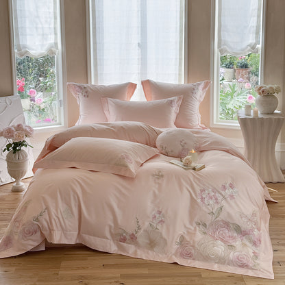 Florales besticktes Baumwollsatin Bettbezug Ensemble mit dekorativem Bolster und Kissenbezügen