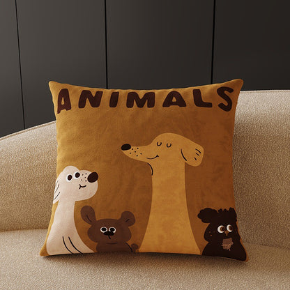 Plush Velvet Decorative Square Throw Pillow Cover with Cartoon Dog Family Illustration and Hidden Zipper