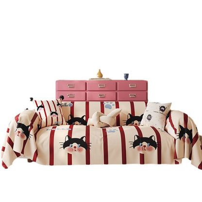 Decorative Stretch-Fit Cat-Print Reversible Sofa Slipcover with Elasticized Skirt