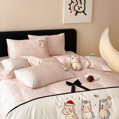 Niedliches Cartoon-Einhorn Bettwäsche Duvet Cover Set mit Kissenbezügen Weiche Mikrofaser Bettwäsche