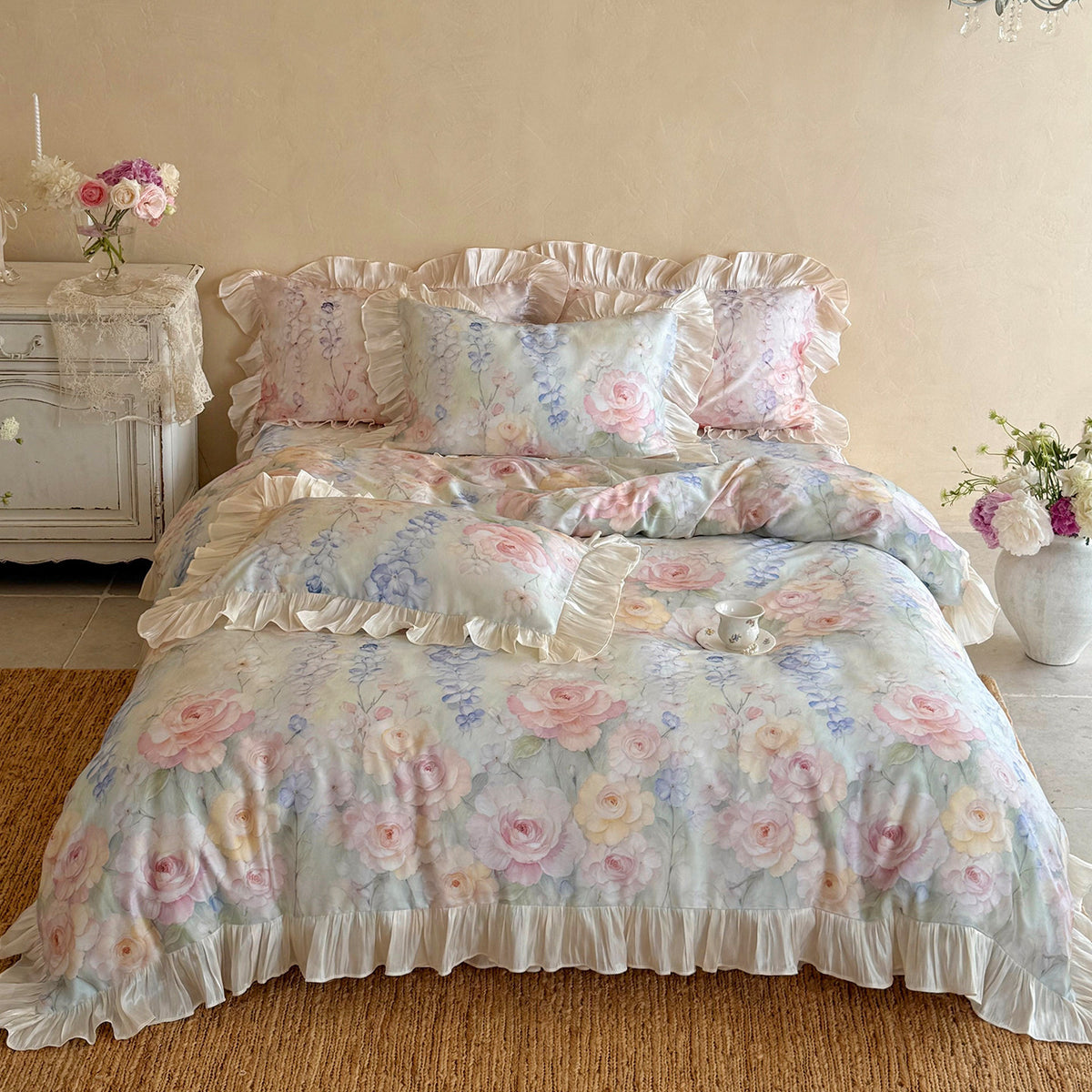 Romantisches Aquarell-Rosen-Baumwollsatin-Rüschende Bettbezug-Ensemble mit Satinbesatz-Bett Rock & Dekorativen Rüschenshams