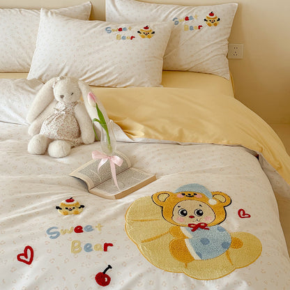 Bestickte Kinder Cartoon Bär Baumwolle Bettbezug Set mit Wendebezug und Umschlagkissenbezügen
