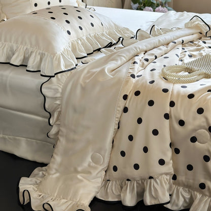 Elegante Satin-Bettwäschegarnitur mit Tupfenmuster, Volant und kontrastierender Kantenpaspel