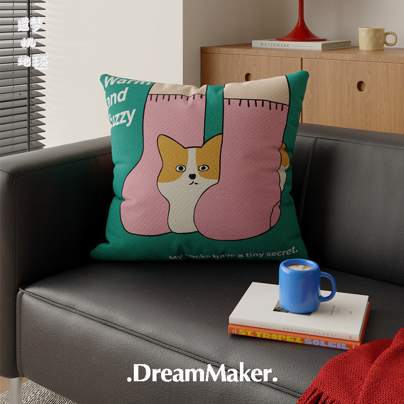 Plush Decorative Square Throw Pillow Cover with Cartoon Cat and Cozy Sock Illustration