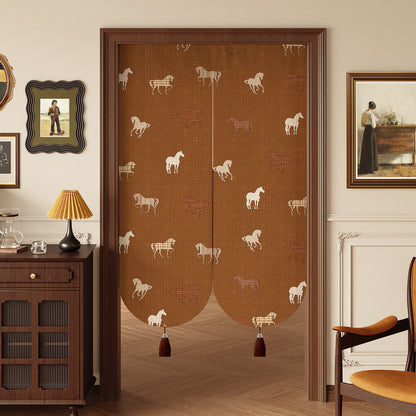 Decorative Cotton-Linen Split Door Curtain with Equestrian Print and Tassel Weights