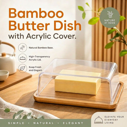 Bamboo Butter Dish with Glass Dome and Stainless Steel Spreaders