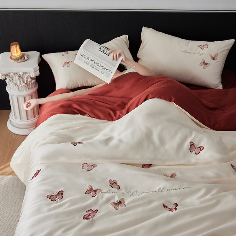 Luxuriöses Baumwollsatin-Bettbezug-Set mit bestickten Schmetterlingsmotiven und wendbarem Design