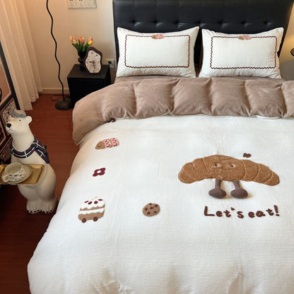 Plüschgestepptes Teddy-Applikations Wendebettwäsche-Set mit bestickten Kissenbezügen