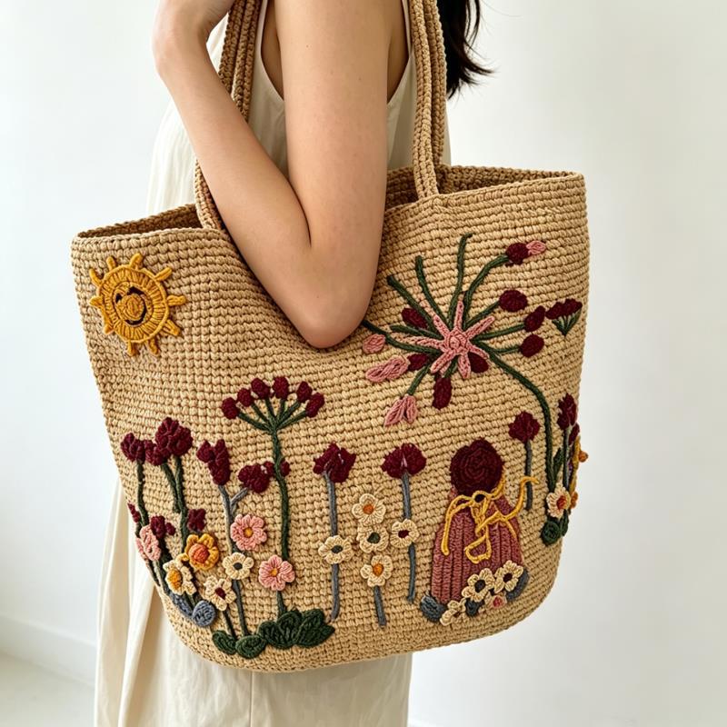 Handgefertigte Stroh-Tasche mit Floralem Stickdesign Brehn