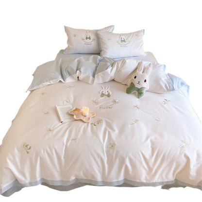 Besticktes Bunny Floral Baumwollsatin Bettwäsche-Set mit Kissenbezügen und dekorativem Kissen