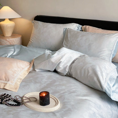 Luxuriöser Satin-Jacquard Bettbezug Set mit Spitzenbesatz Kissenbezügen