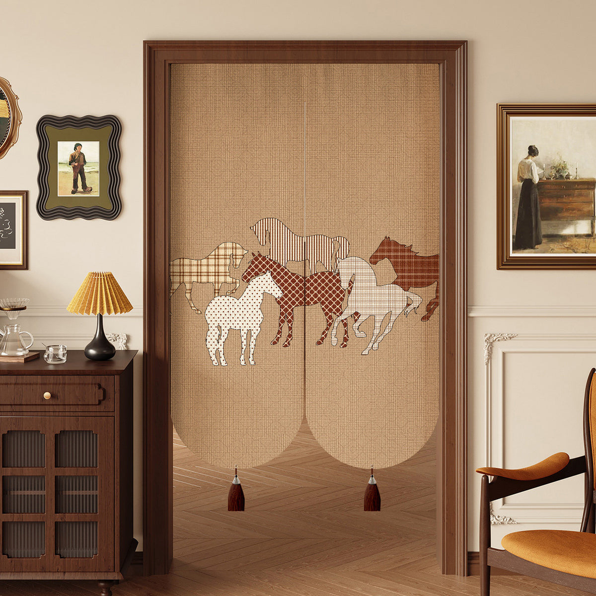 Decorative Cotton-Linen Split Door Curtain with Equestrian Print and Tassel Weights