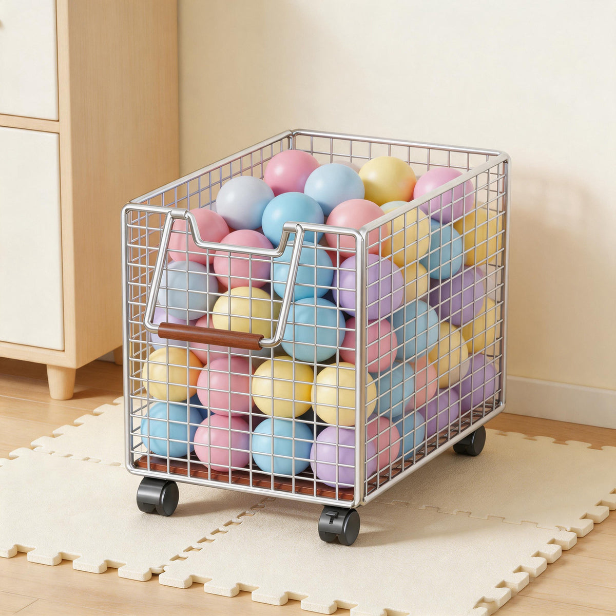 Rolling Metal Mesh Aufbewahrungskorb mit Holzgriff und arretierbaren Rollen