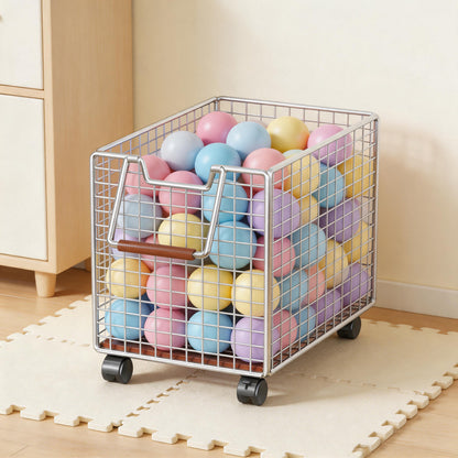 Rolling Metal Mesh Aufbewahrungskorb mit Holzgriff und arretierbaren Rollen
