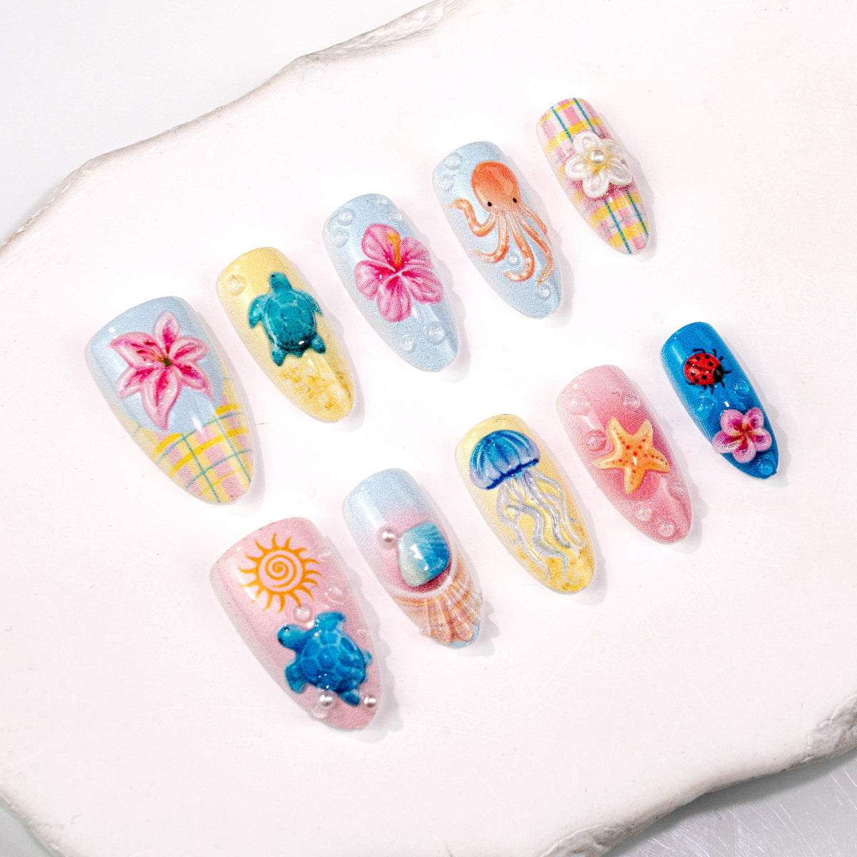 Künstlerisches 3D-Ozean-inspiriertes Press-On-Nagelkunst-Set Brehn