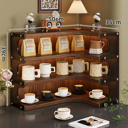 Eck-Dre tiers Holz Theke Anzeige Regal Organizer mit gebogenen Regalen und Messing Akzenten
