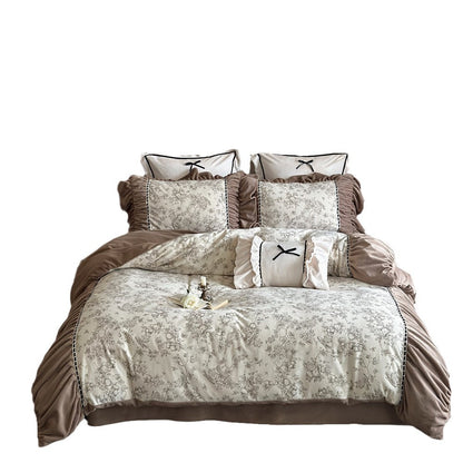 Rüsch Vintage Toile Baumwollsatin Bettbezug Ensemble mit dekorativem Bolster und paspelierten Kissenbezügen