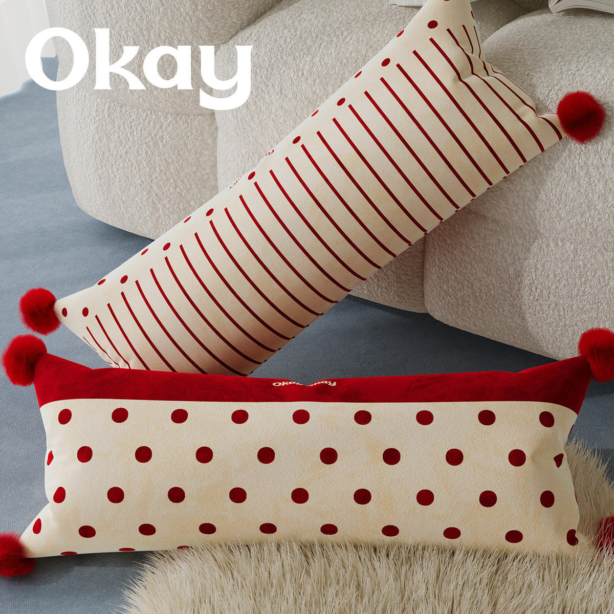 Decorative Long Lumbar Cushion Cover with Striped and Polka Dot Print and Corner Pom-Poms