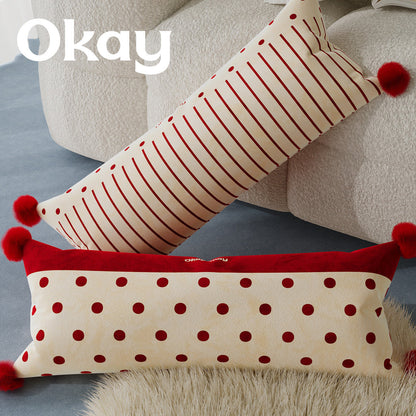 Decorative Long Lumbar Cushion Cover with Striped and Polka Dot Print and Corner Pom-Poms