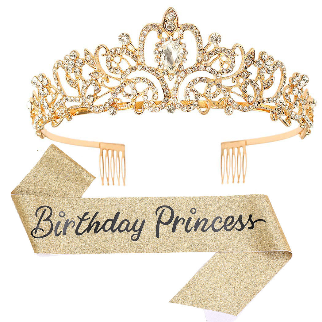 Damen Glitzernde Prinzessinnenkrone mit Birthday Princess Schärpe Brehn