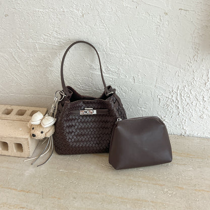 Woven Leather Bucket Tote Bag