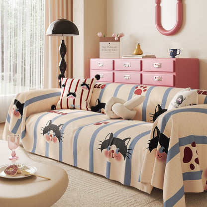 Decorative Stretch-Fit Cat-Print Reversible Sofa Slipcover with Elasticized Skirt