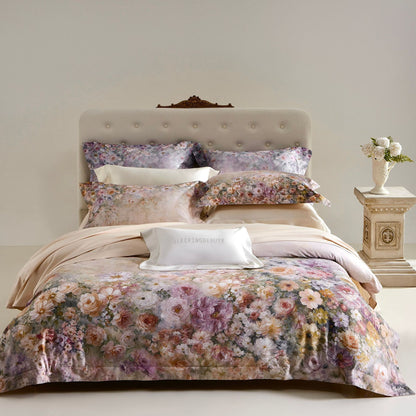 Luxus Floral Baumwollsatin Bettbezug Set mit Kontrastsaum und Kissenbezügen
