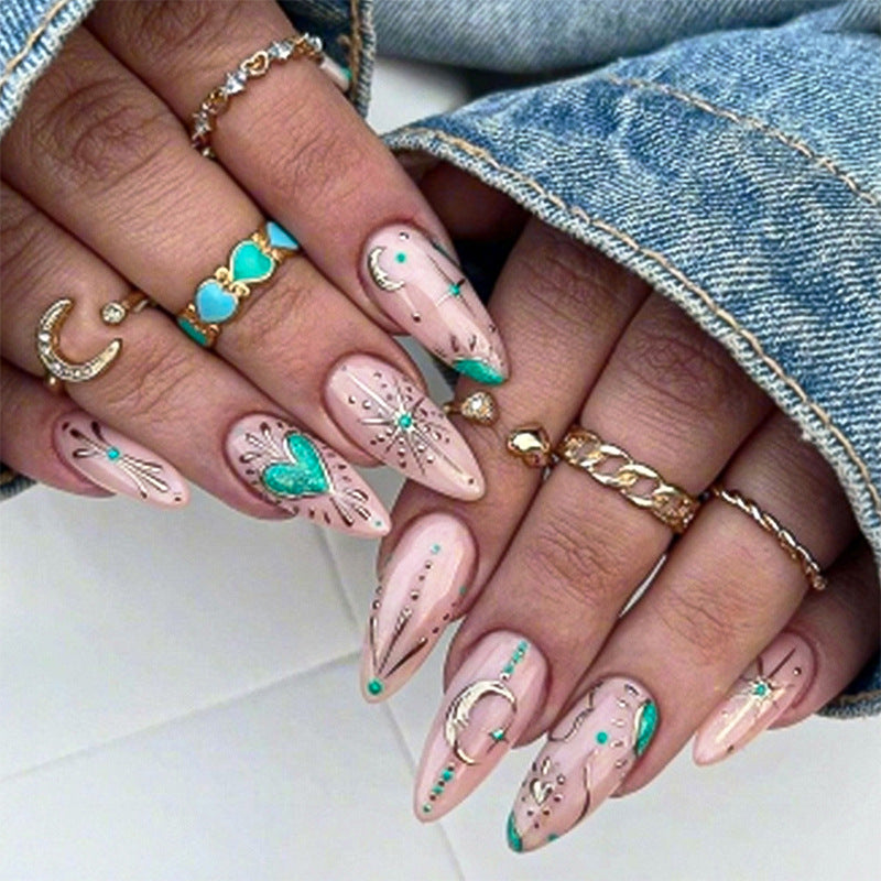 Künstlerisches Press-On-Nagelset mit stilvollen Blumen- und Edelstein-Designs Brehn