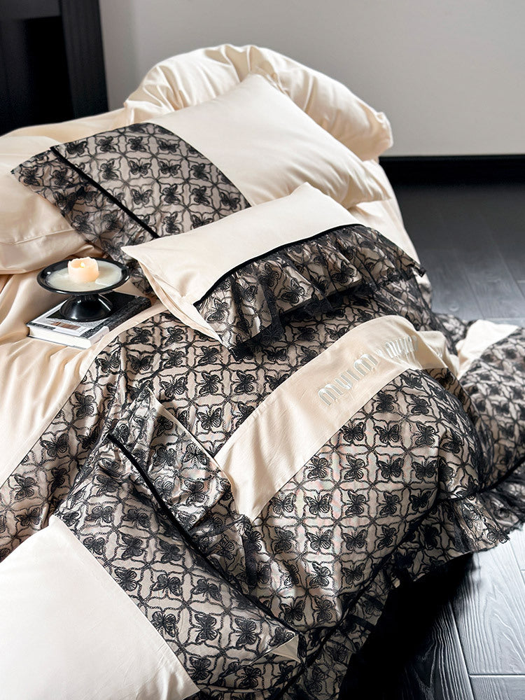 Luxuriöses Wendbares Baumwollsatin-Bettwäscheset mit Jacquard-Bordüre und Volant