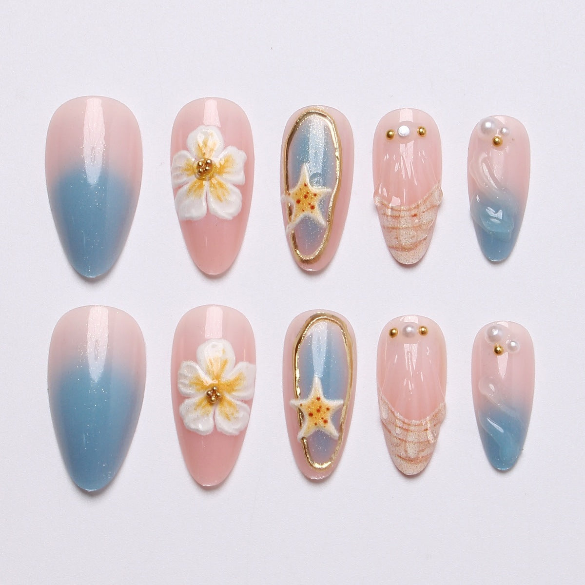 Künstlerisches Muschel- und Blumen-Press-On-Nagelkunst-Set Brehn