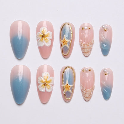 Künstlerisches Muschel- und Blumen-Press-On-Nagelkunst-Set Brehn
