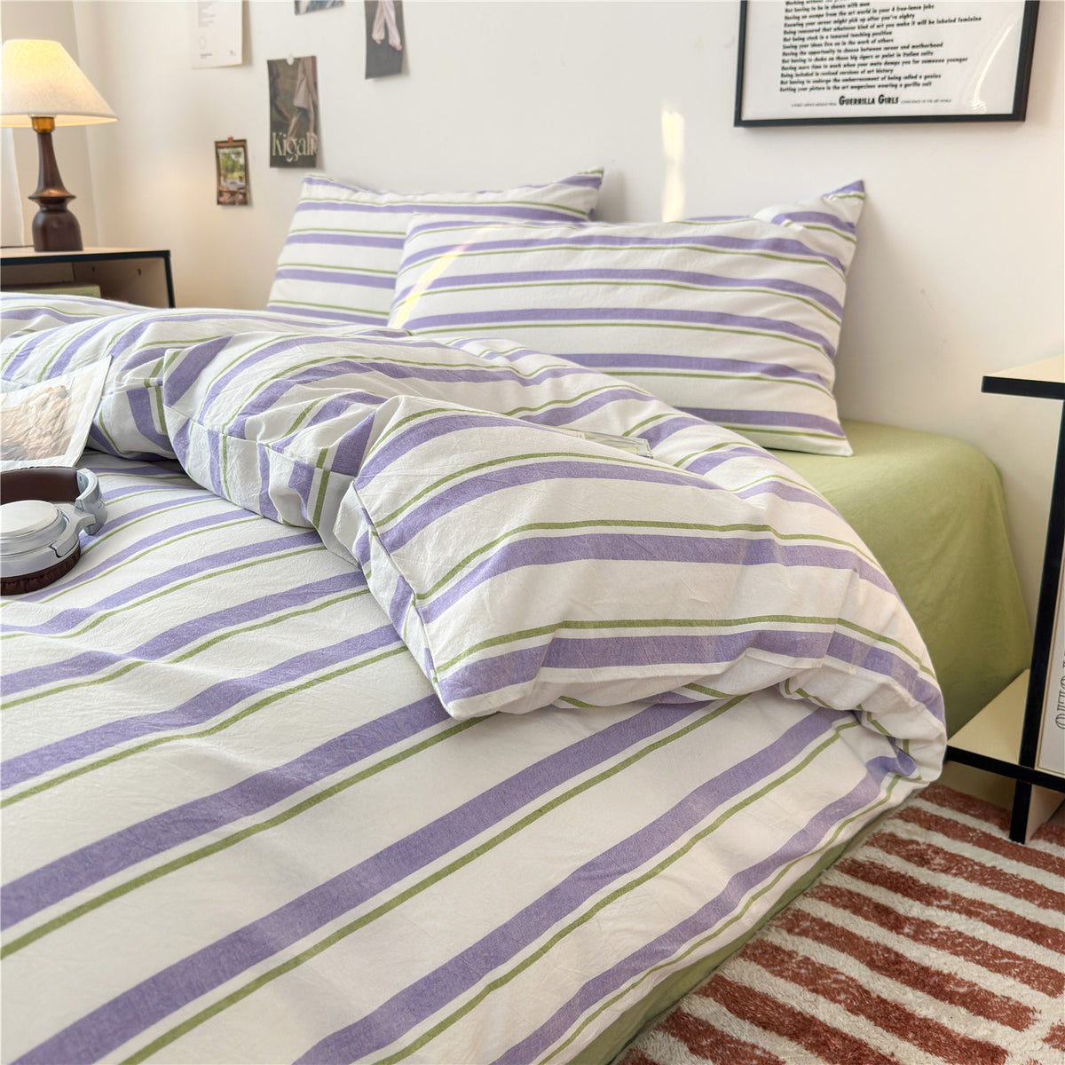 Gestreiftes Baumwoll-Percale-Bettbezug-Set mit Umschlagkissenbezügen