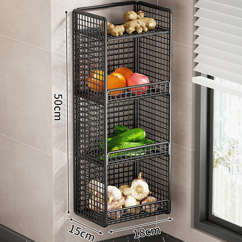 Wandmontierter dreistufiger Mesh-Küchenorganizer mit seitlichem Utensilienfach