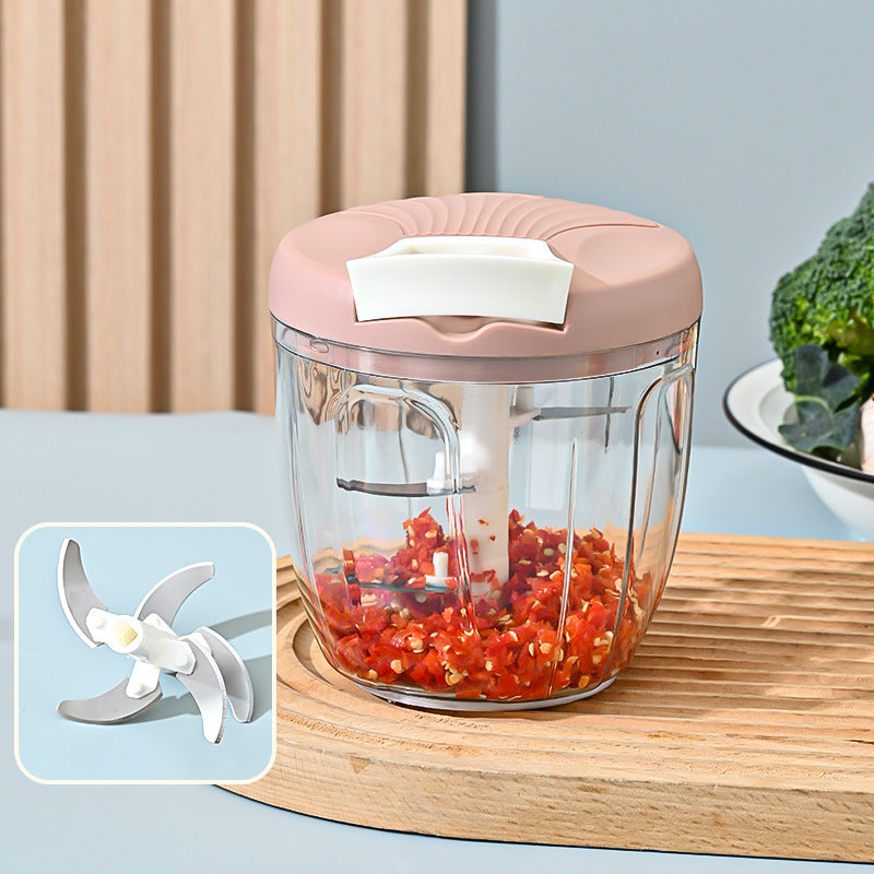 Compact Manual Pull-String Food Chopper with Interchangeable S-Blade and Clear Glass Bowl