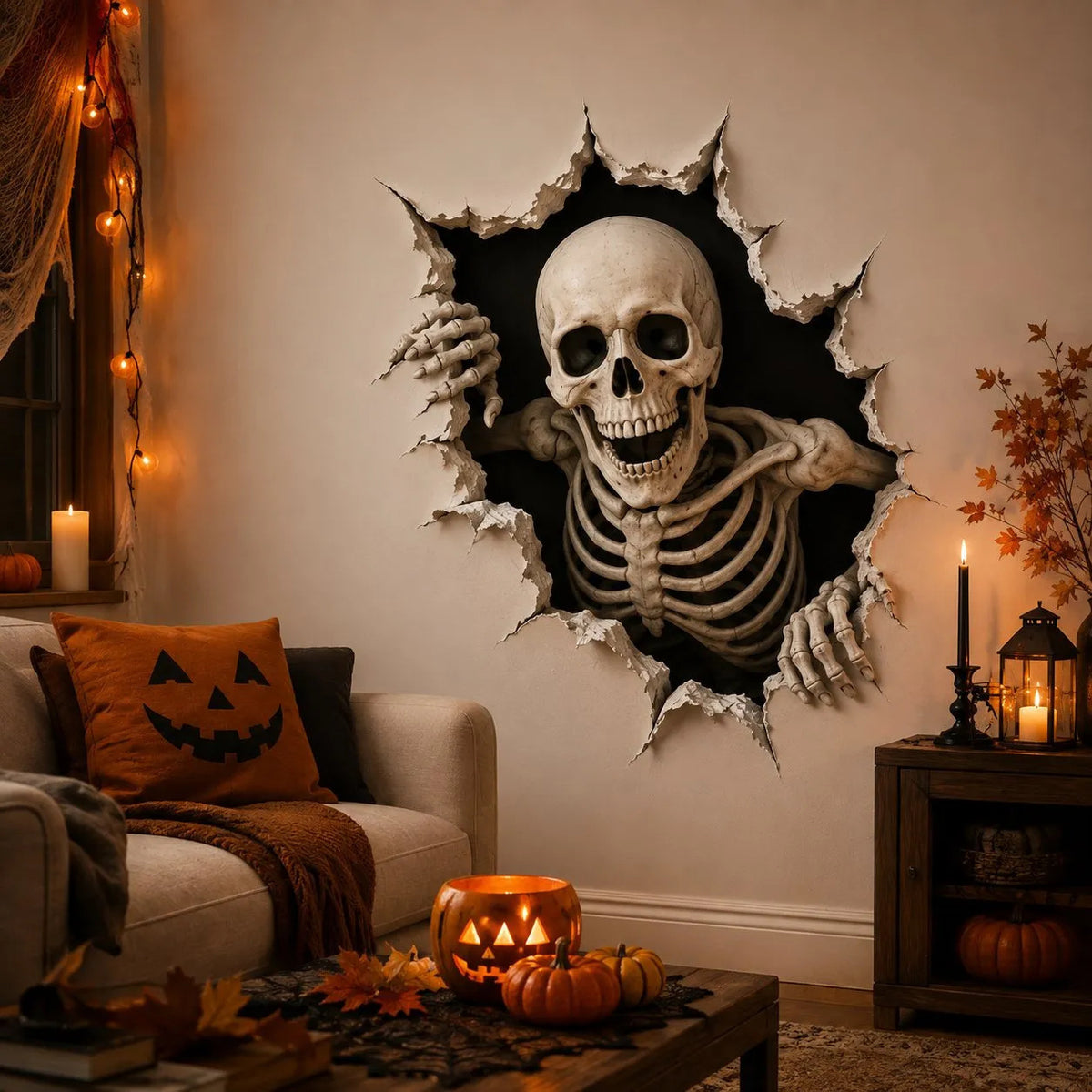 Dreidimensionaler Halloween-Wandsticker Hexe mit Loch-in-Wand-Effekt und Kürbislaterne