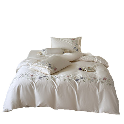 Floral besticktes Luxus-Baumwollsatin-Bettwäsche-Set mit Rüschenkissenbezügen
