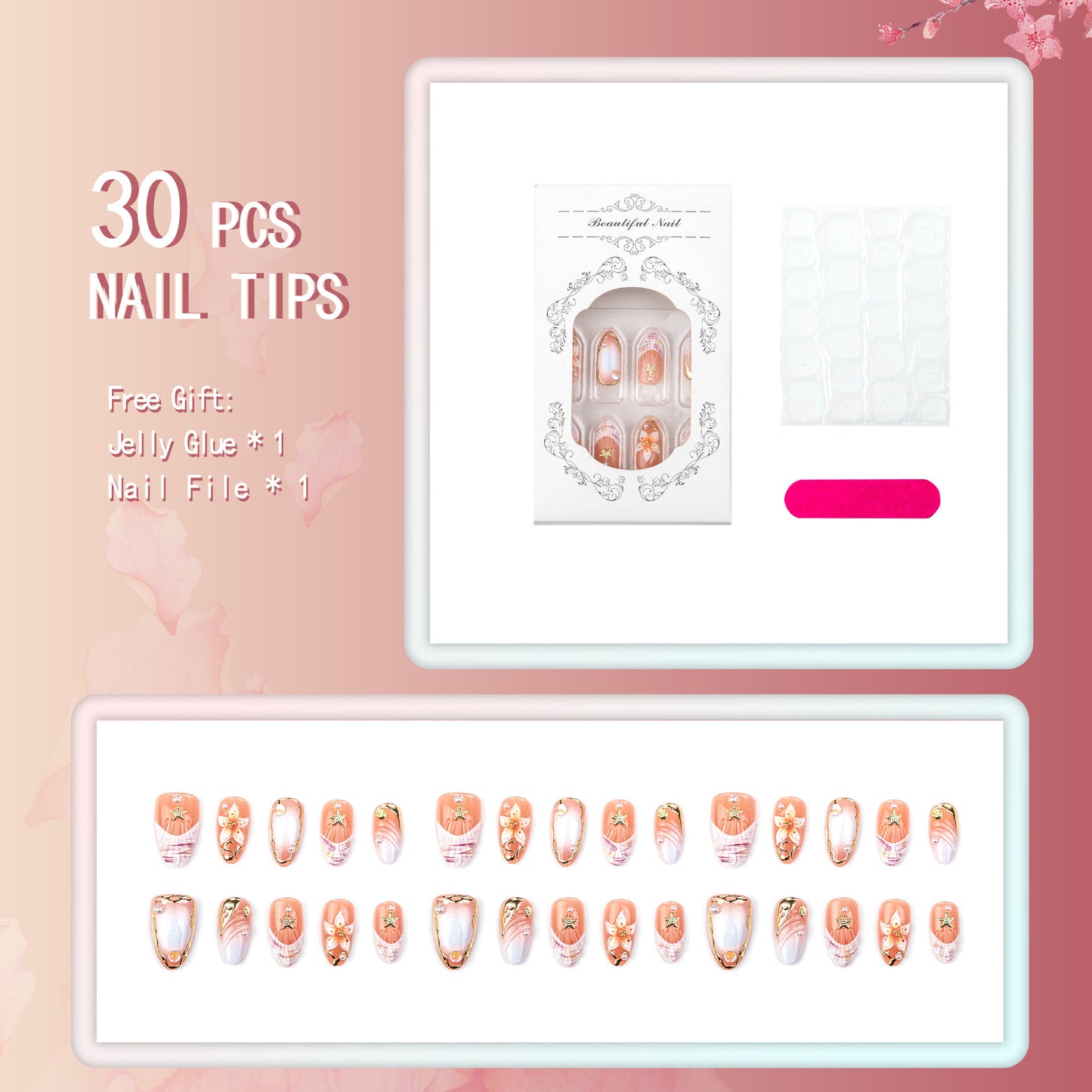 Kunstnagelset mit filigranen Blüten- und Glitzerverzierungen Brehn