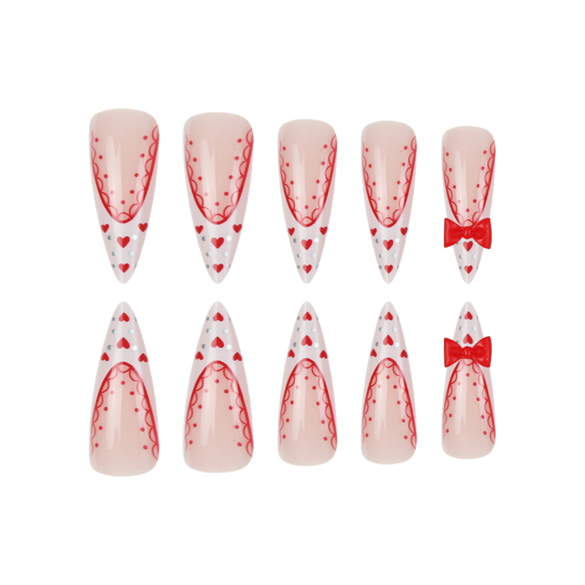 Stiletto Press-On Nail Art Set mit Herz- und Schleifen Design Brehn