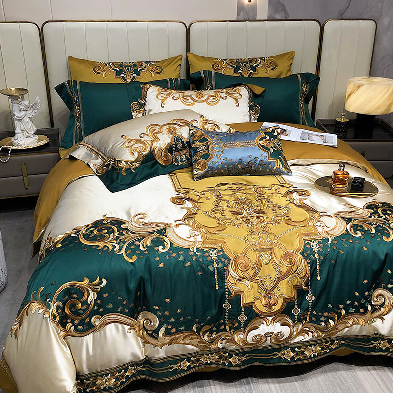 Seidenblumenbestickte Satin-Bettbezug-Bettwäsche mit gewelltem Saum und Kissenbezügen