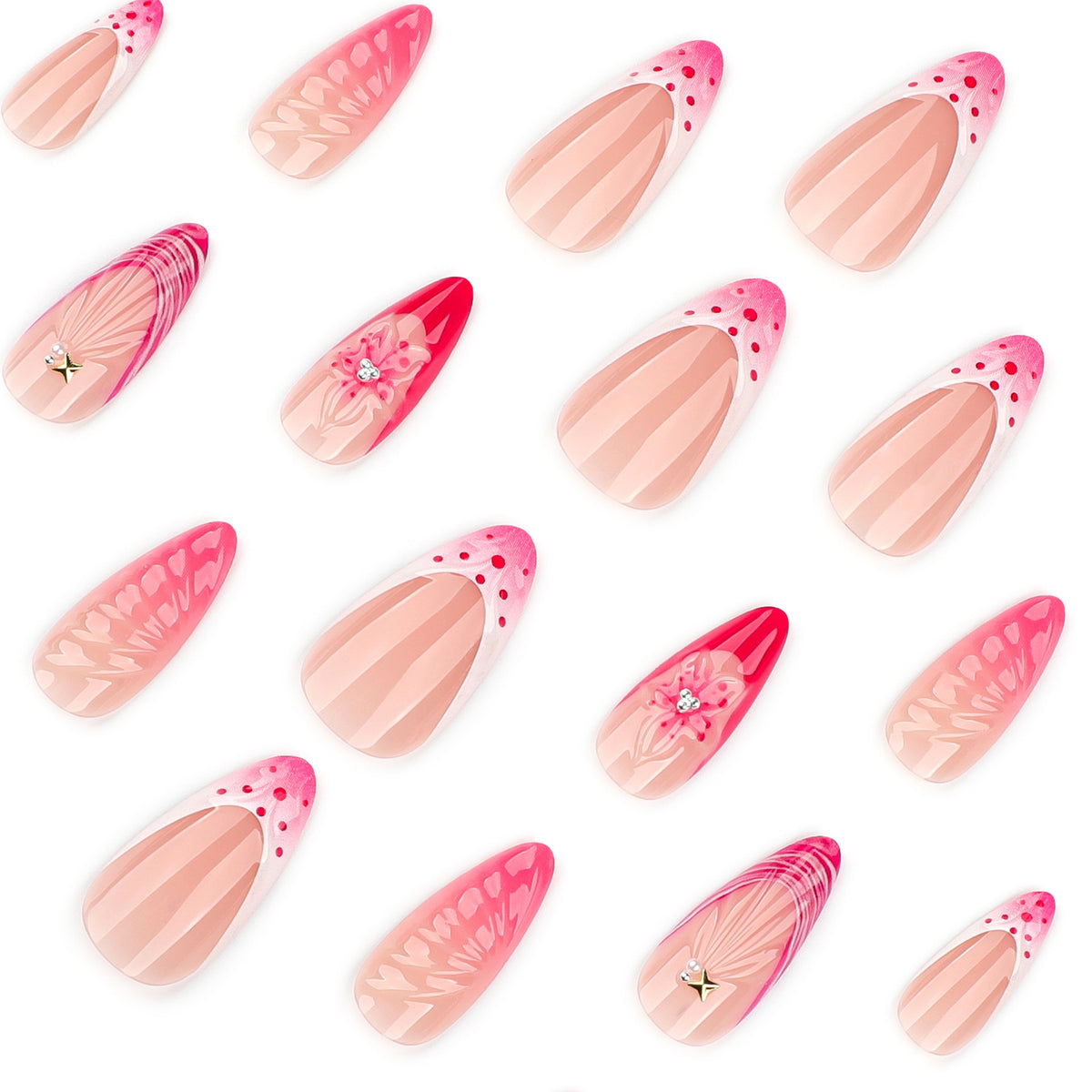 Kunstvolle Stiletto-Nägel mit floralem Design und Glitzerakzenten Brehn