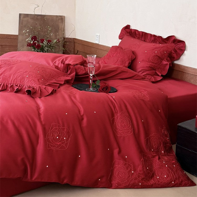 Satin-Bettwäsche-Set mit Rosenstickerei, Rüschenkissen und Dekokissen Brehn