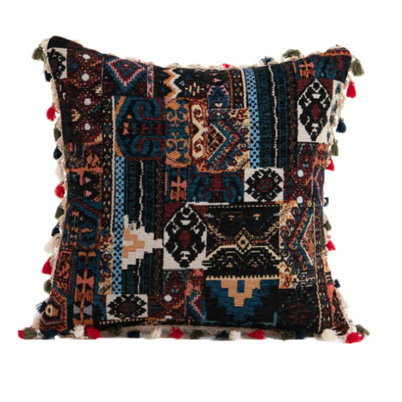 Dekorativer Bohemian Patchwork Wandteppich Wurfkissenbezug mit Pompon-Fransenverzierung